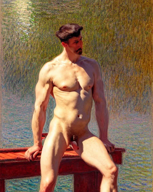Image similar to muscular postman sitting on a dock on a lake, sunlight shining on his skin, reflective water, painting by tom of finland, gaston bussiere, craig mullins, j. c. leyendecker, claude monet