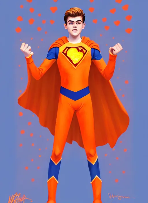 Image similar to kind teenage archie andrews wearing an orange superhero costume, freckles, superhero costume with heart emblem, cape, intricate, elegant, glowing lights, highly detailed, digital painting, artstation, sharp focus, illustration, art by wlop, mars ravelo and greg rutkowski