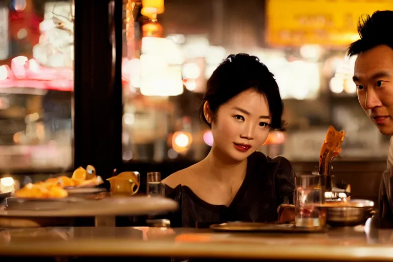 Image similar to movie interior closeup beautiful Asian couple closeup sitting at 50s diner, night in the city, beautiful skin, by Emmanuel Lubezki