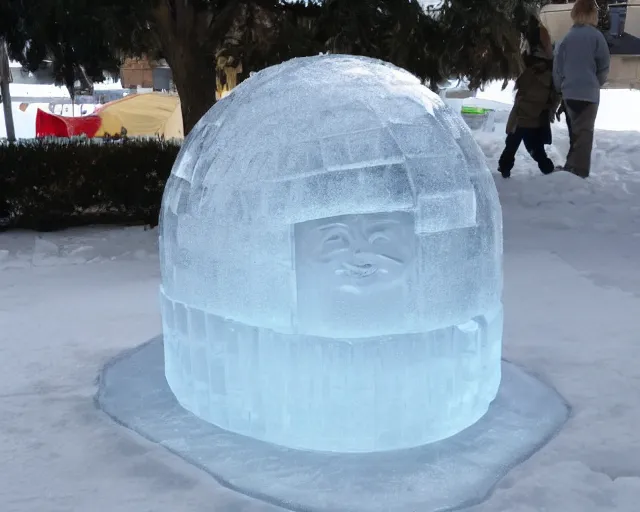 Image similar to ice sculpture. there is a little blonde boy inside a robot made of ice. the ice sculpture is a mecha inspired igloo.