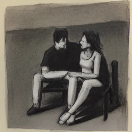 Prompt: a couple sitting on a park bench, charcoal
