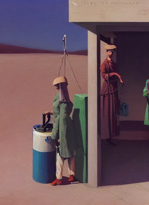 Image similar to women in paper bag over the head and a sward at gas station with portable oxygen tank Edward Hopper and James Gilleard, Zdzislaw Beksinski, highly detailed