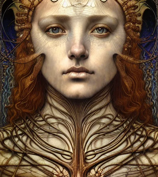 Image similar to detailed realistic beautiful young medieval queen of mars face portrait by jean delville, gustave dore and marco mazzoni, art nouveau, symbolist, visionary, gothic, pre - raphaelite. horizontal symmetry by zdzisław beksinski, iris van herpen, raymond swanland and alphonse mucha. highly detailed, hyper - real, beautiful