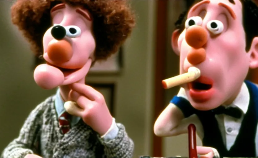 Image similar to Wallace smoking crack from a crack pipe in a still from the short movie A Grand Day Out (1989), crack cocaine, Wallace and Gromit, Aardman Animations, claymation, 4k, high quality