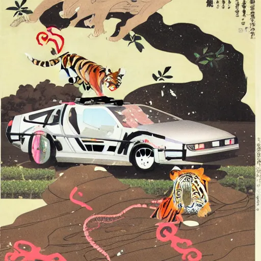 Image similar to a delorean protecting a tiger, japanese magazine collage, art by hsiao - ron cheng and utagawa kunisada