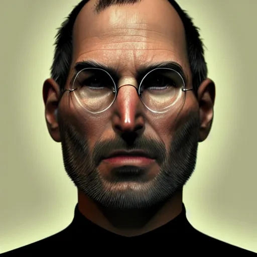 Image similar to steve jobs dramatic self portrait, 30mm photography, gta artstyle, wide shot, dramatic lighting, octane render, hyperrealistic, high quality, highly detailed, artstation, HD, beautiful, cinematic, 8k, unreal engine, facial accuracy, symmetrical