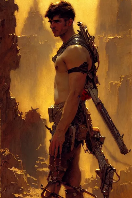 Prompt: attractive male, post - apocalyptic, painting by gaston bussiere, craig mullins, j. c. leyendecker