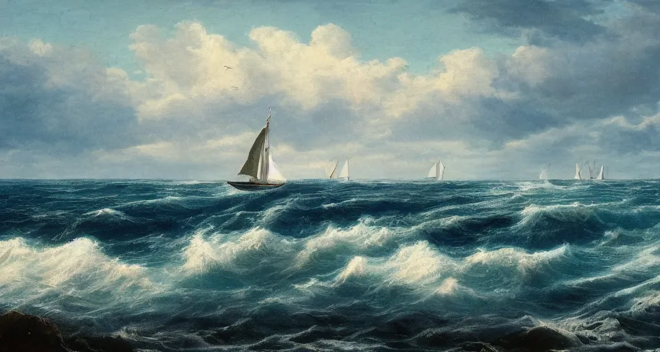 Image similar to ocean landscape with stormy waves and a sailboat in the foreground and a shining island in the background