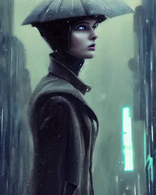 Prompt: detailed European Pretty Young Girl Storm Rain bladerunner movie Jacket coat, Futuristic sci-fi fashion, royal attire, low-emission-neon by ismail inceoglu dragan bibin hans thoma greg rutkowski Alexandros Pyromallis Nekro Rene Margitte illustrated Perfect face, sharp chine, fine details, realistic shaded, fine-face, pretty face