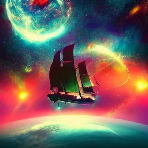 Prompt: The flying dutchman captaining his ship through space, beautiful, glowing, cosmic, colorful, dangerous