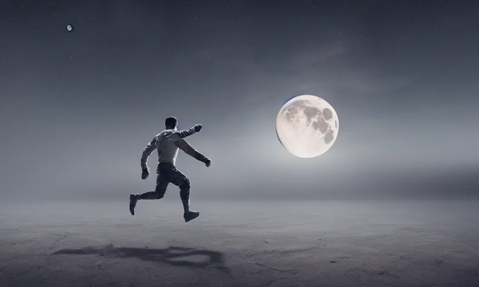 Image similar to A man running towards the moon,featured in artstation, cinematic, elegant, , 8k