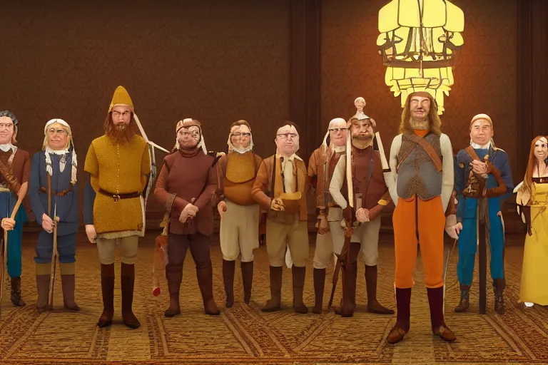 Image similar to A group of 5 high fantasy adventurers lined up for a group portrait, Screenshot of Wes Anderson's New RPG Movie, directed by Wes Anderson, Chest high, Photo realistic, Regal, Formal, Cinematic, Symmetrical, Satisfying dynamic lighting, Highly Detailed, Cinematic Lighting, 8k, HD