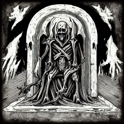 Prompt: “ undead lich on a throne made of bone, hyperdetailed, doom, menacing, supernatural ”