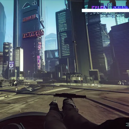 Image similar to Open world GTA-like cyberpunk game, futuristic city, HUD, screenshot, PlayStation 2