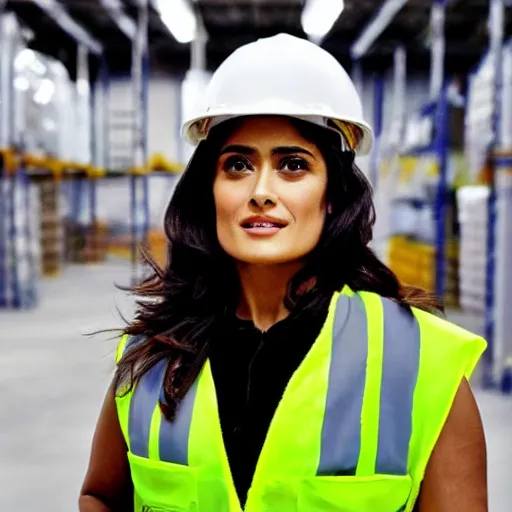 Prompt: photo, close up, salma hayek in a hi vis vest, in warehouse, android cameraphone, 2 6 mm,