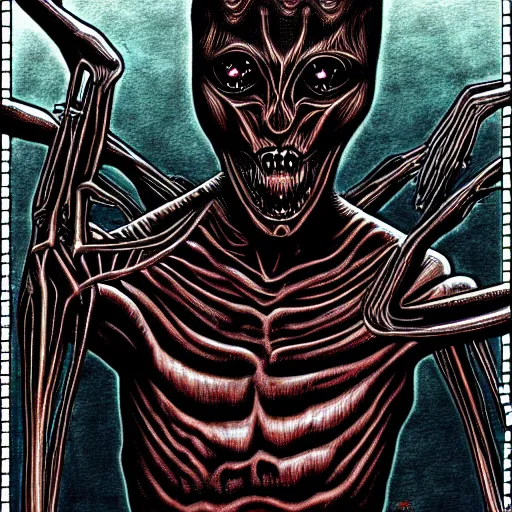 Image similar to a dark humanoid, hyper detailed, in the style of h. r. giger and junji ito and h. r. giger, selfie