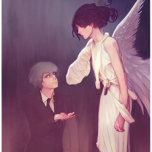 Image similar to girl handing the district attorney a bribe. angel by krenz cushart and mucha and akihito yoshida and greg rutkowski, nier : automata inspired,