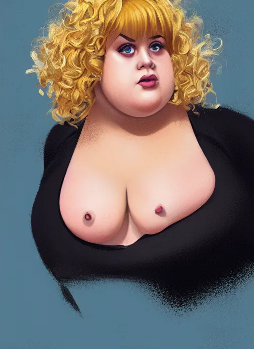 Image similar to full body portrait, teenage betty cooper, blonde hair, obese, bangs, ponytail, sultry, realistic, sultry smirk, fluffy bangs, curly bangs, fat, belly, beautiful girl, intricate, elegant, highly detailed, digital painting, artstation, concept art, smooth, sharp focus, illustration, art by wlop, mars ravelo and greg rutkowski