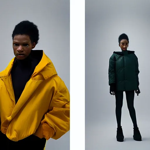 Image similar to realistic photoshooting for a new balenciaga!!! lookbook, color film photography, photo of a woman, model wears a inflated jacket, photo in style of tyler mitchell, 3 5 mm