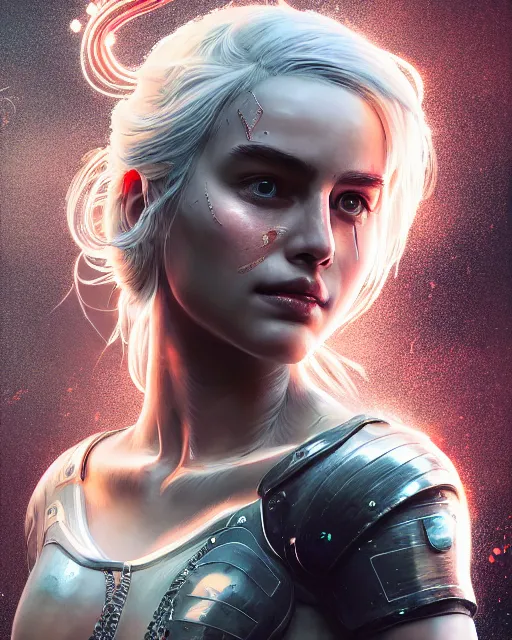 Image similar to portrait of ciri as a cyborg. intricate abstract. intricate artwork. by Tooth Wu, wlop, beeple, dan mumford. octane render, trending on artstation, greg rutkowski very coherent symmetrical artwork. cinematic, hyper realism, high detail, octane render, 8k, iridescent accents