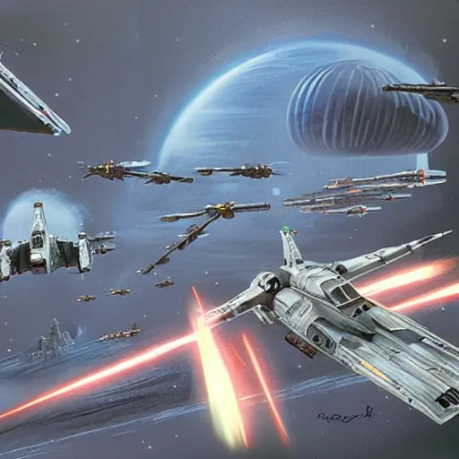Prompt: x - wing battling tie fighers in front of the death star, ralph mcquarrie, concept art, trending on artstation