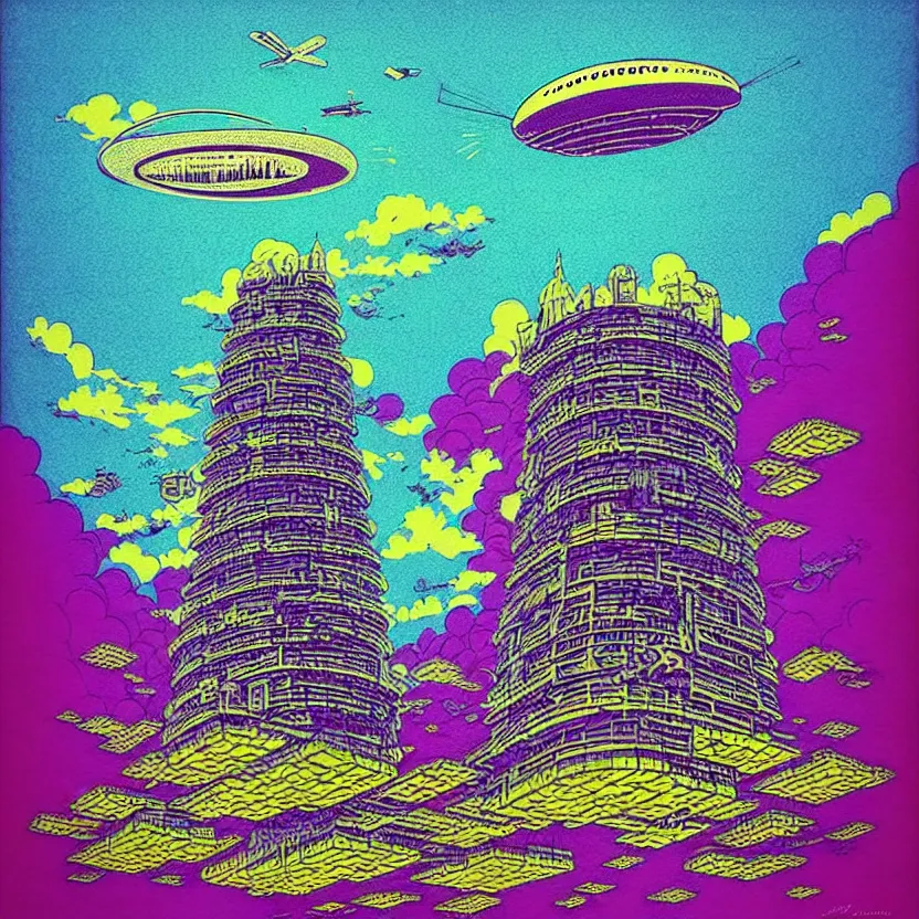 Image similar to surreal glimpse into other universe, mahanakorn tower with airship floating n the sky, summer morning, very coherent and colorful high contrast, art by!!!! joan miroi!!!!, geof darrow, floralpunk screen printing woodblock, dark shadows, hard lighting, stipple brush technique,