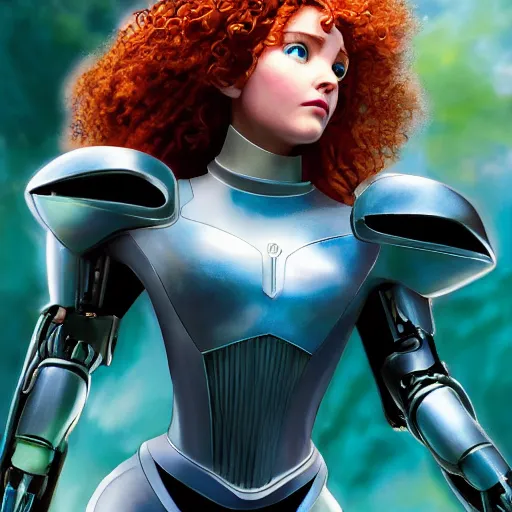 Prompt: high detailed close up of, energetic female cyborg Disney princess Merida, wearing futuristic cybernetic battle armor, balance composition, dramatic lighting, 8k, painted by Alex Ross