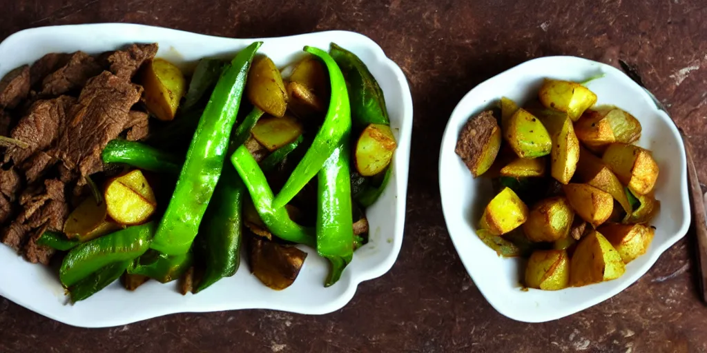 Image similar to curry beef onion potatoes green peppers