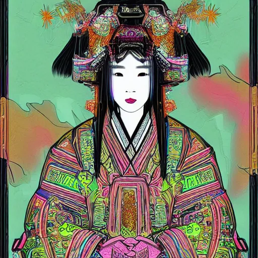 Image similar to portrait of a korean queen in ancient times, acid trip art style, obnoxious art style, cyberpunk aesthetic