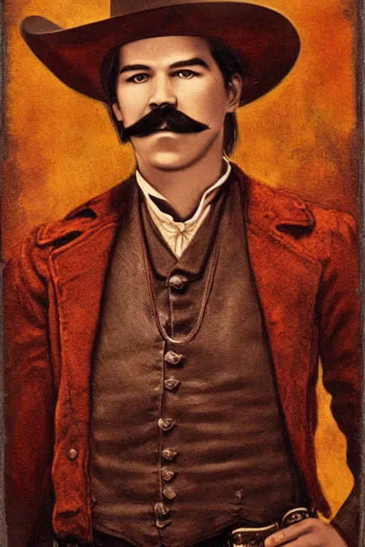 Prompt: highly photorealistic matte portrait of young val kimer as wyatt earp from tombstone set against a western town, intricate detail, attention to details, warm color scheme, volumetric lighting