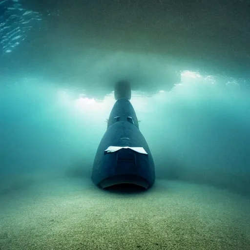 Prompt: an award winning underwater photo! of a submerged submarine, submarine!!! cross!!!! section!!!!, 4 k, inside of a submarine, high quality