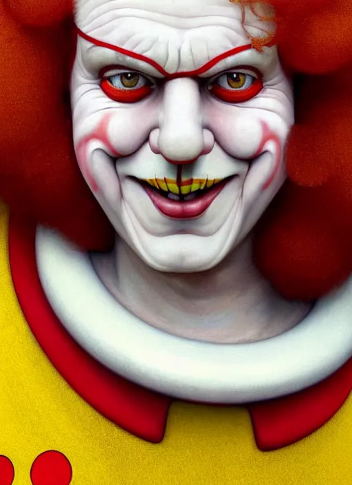 Image similar to close up portrait of ronald mcdonald, red nose and hair, yellow jumper, white collar with red and white striped sleeves by artgerm, cushart krenz, greg rutkowski, mucha. art nouveau. gloomhaven, swirly lunar ripples, pale colors, sharp edges. ultra clear detailed. 8 k. elegant, intricate, octane render