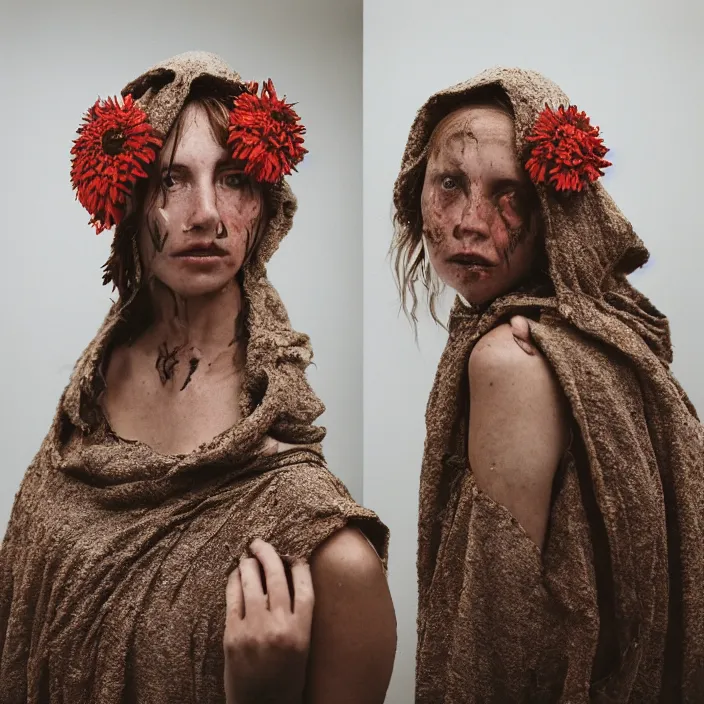 Image similar to a closeup portrait of a woman wearing a hooded cloak made of zinnias and barbed wire, in a derelict house, by Petra Collins, natural light, detailed face, CANON Eos C300, ƒ1.8, 35mm, 8K, medium-format print