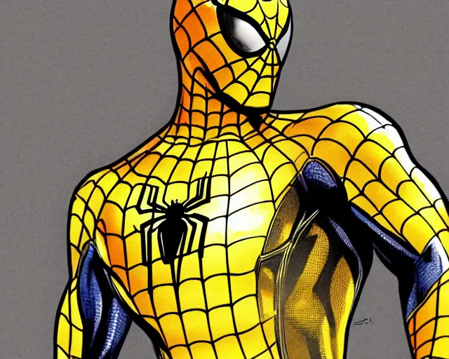 Image similar to photorealistic sketch of black spider - man with gold webbing