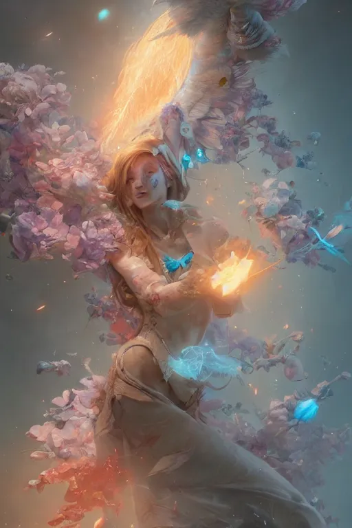 Image similar to beautiful girl necromancer exploding into flowers, angels, 3 d render, hyper - realistic detailed portrait, holding electricity and birds, ruan jia, wlop. scifi, fantasy, hyper detailed, octane render, concept art, peter mohrbacher