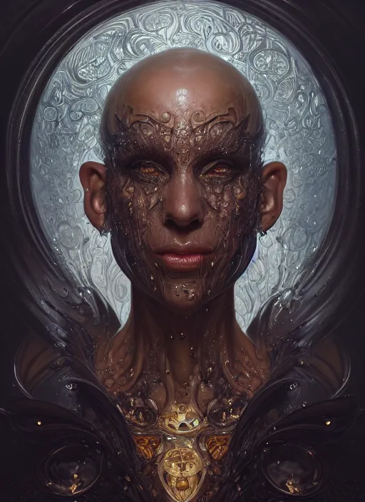 Image similar to a full body perspective of a stout preistess of the elemental darkness, crooked nose, wet, fantasy, shiny, intricate, elegant, highly detailed, ultra definition, digital painting, artstation, vray, concept art, smooth, high speed photography, illustration, art by artgerm and greg rutkowski and alphonse mucha and james jean