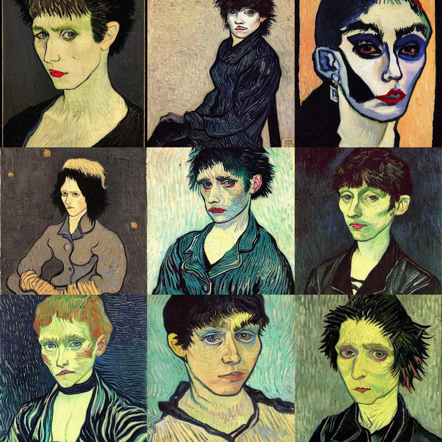 Prompt: an emo portrait painted by vincent van gogh. her hair is dark brown and cut into a short, messy pixie cut. she has large entirely - black evil eyes. she is wearing a black tank top, a black leather jacket, a black knee - length skirt, a black choker, and black leather boots.