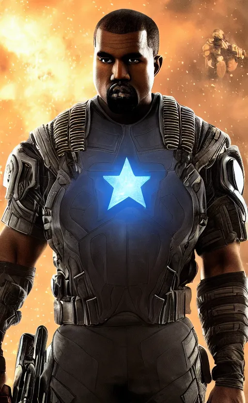 Image similar to Portrait of Kanye West as captain america in Gears of War, splash art, movie still, cinematic lighting, dramatic, octane render, long lens, shallow depth of field, bokeh, anamorphic lens flare, 8k, hyper detailed, 35mm film grain