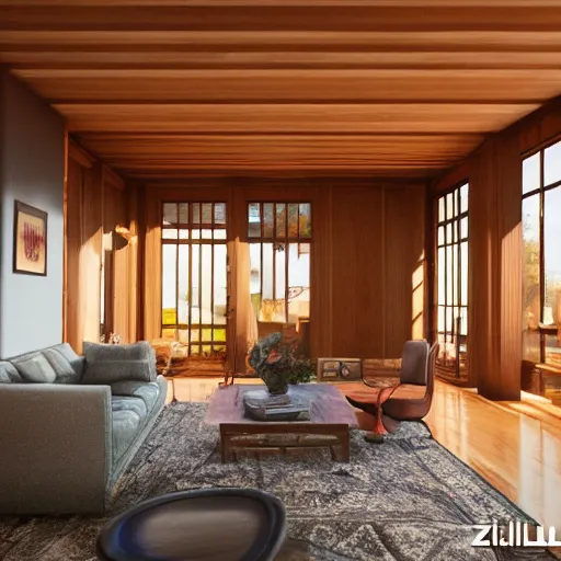 Image similar to Peaceful wooden mansion, unreal engine 5 tech demo, zillow interior, golden hour, living room, cozy, Frank Lloyd Wright ((Studio Ghibli))