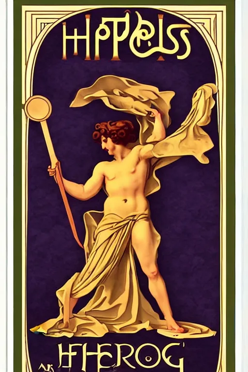 Prompt: art nouveau poster. hephaestus at the forge