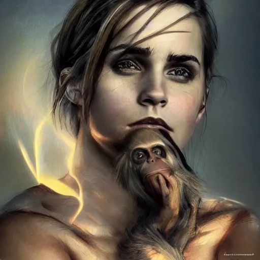 Image similar to Very funny Emma Watson looking like an old monkey, colorful painting on grey scale face, powerful , magic, thunders, dramatic lighting, intricate, wild, highly detailed, digital painting, artstation, concept art, smooth, sharp focus, illustration, art by artgerm and greg rutkowski and alphonse mucha, footage