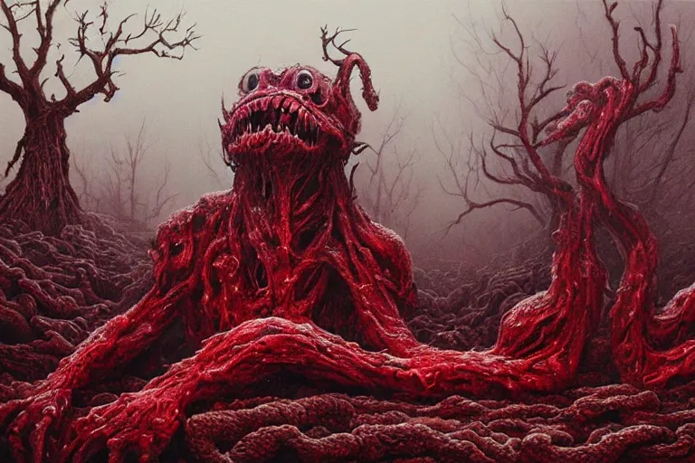 Image similar to Haunting horrifying hyperrealistic detailed painting of a strange bizarre creature sitting atop a mountain of snakes in a foggy hellscape with spread out pools of crimson red gelatinous liquid and goop, eyeballs bulging, sparks of fire flying, dystopian feel, heavy metal, disgusting, creepy, unsettling, in the style of Michael Whelan and Zdzisław Beksiński, lovecraftian, hyper detailed, trending on Artstation