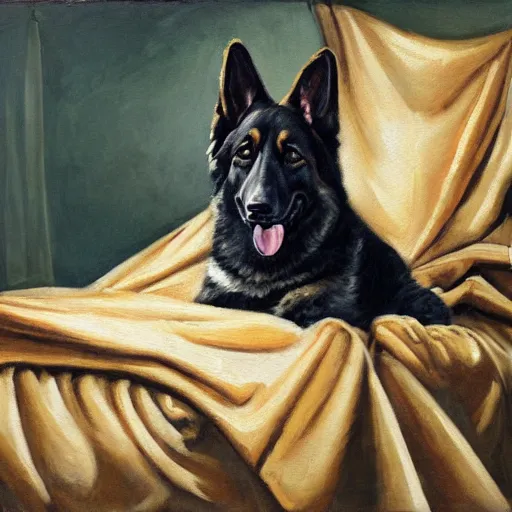 Image similar to a oil painting of a anthropomorphic german shepherd beast - man, wearing military outfit, lying on a humble unmade bed wrinkled bed sheets