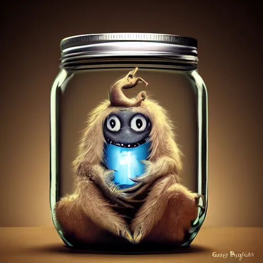 Image similar to cute monster in a jar by Greg Rutkowski, product photography, centered, studio lightning