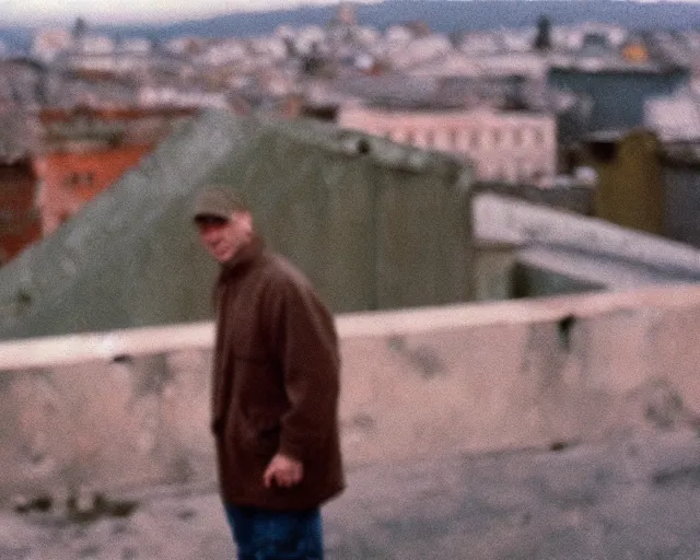 Image similar to lomo photo of man standing on the roof of soviet hrushevka, small town, cinestill, bokeh, out of focus