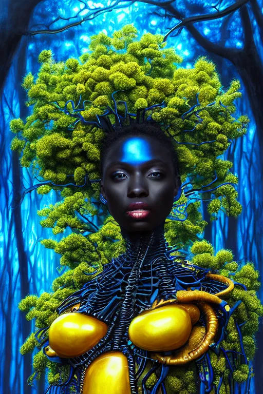 Image similar to hyperrealistic deconstructed super expressive! black woman with exoskeleton armor, merging with tree in a forest, highly detailed digital painting masterpiece smooth cam de leon hannah yata dramatic pearlescent blue yellow light ground angle hd 8k sharp focus