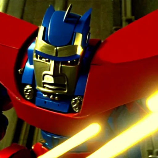 Image similar to mr. bean as optimus prime from the transformers movie. movie still. cinematic lighting.