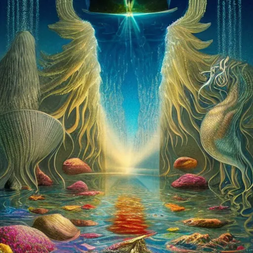 Image similar to gilbert williams portrait of a crystal temple in atlantis, iridescent dolphins swimming in the sea, unicorn flying in the sky, paleozoic anima flying in the sky,