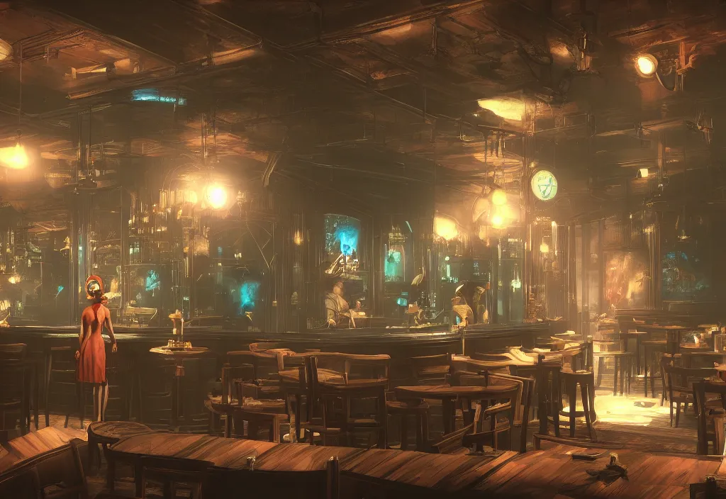 Prompt: In the world of rapture from the world of bioshock you are in a bar, there is a window that lets you see the whole city underwater and you are drinking a rum and coke, there are masks on the tables, there is a band playing in the corner