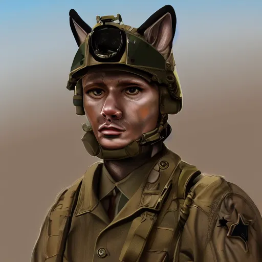 Prompt: face view of a fennec fox dressed in a modern american military soldier uniform, in apocalyptic wasteland, portrait, artstation